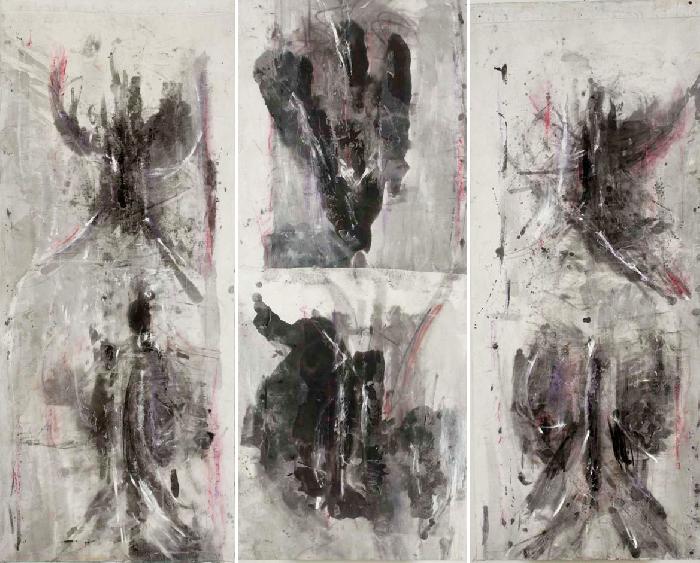 Tombant en triptyque 2003, Indian and printing ink, acrylic, laid down on canvas, 3 (174x73) cm 